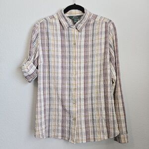 Woolrich Plaid Seersucker Convertible Sleeve Button Up Neutral Colors Size L